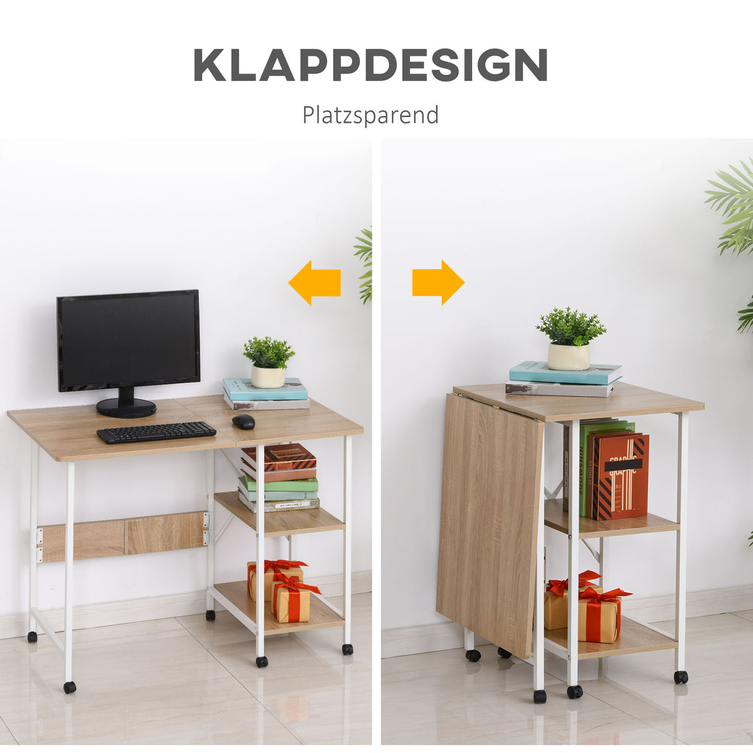 Klapbord skrivebord sidebord kontorbord mobilt computerbord med hjul mdf naturlig 107 x 55 x 76 cm