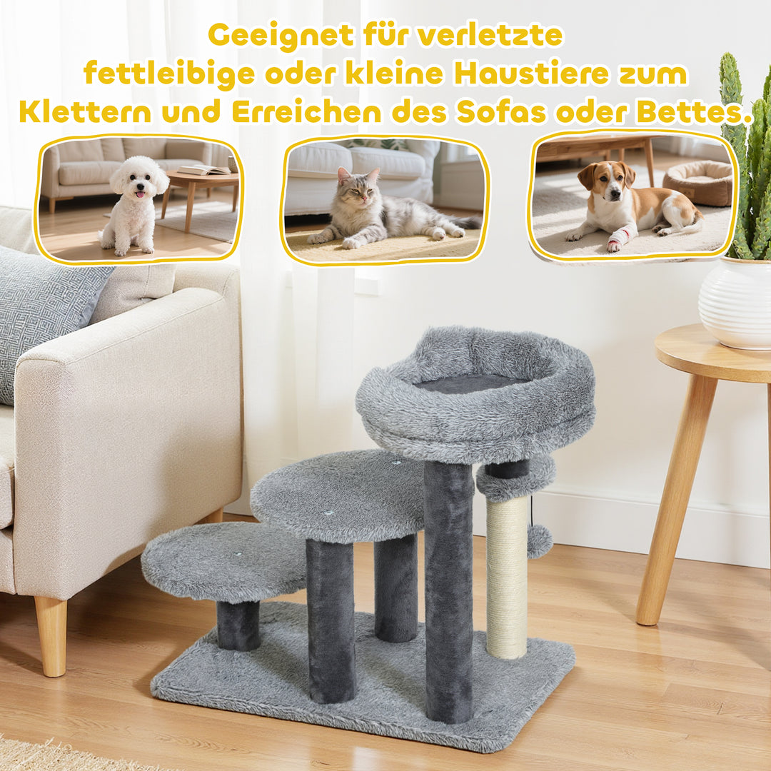 Kradsetræ og kattetrappe, bred bund, plysstof, sisal kradsetræ, grå