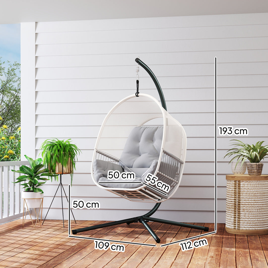 Hængestol med stel, ægformet hængegynge med blød, dyb hynde, siddehynder lysegrå