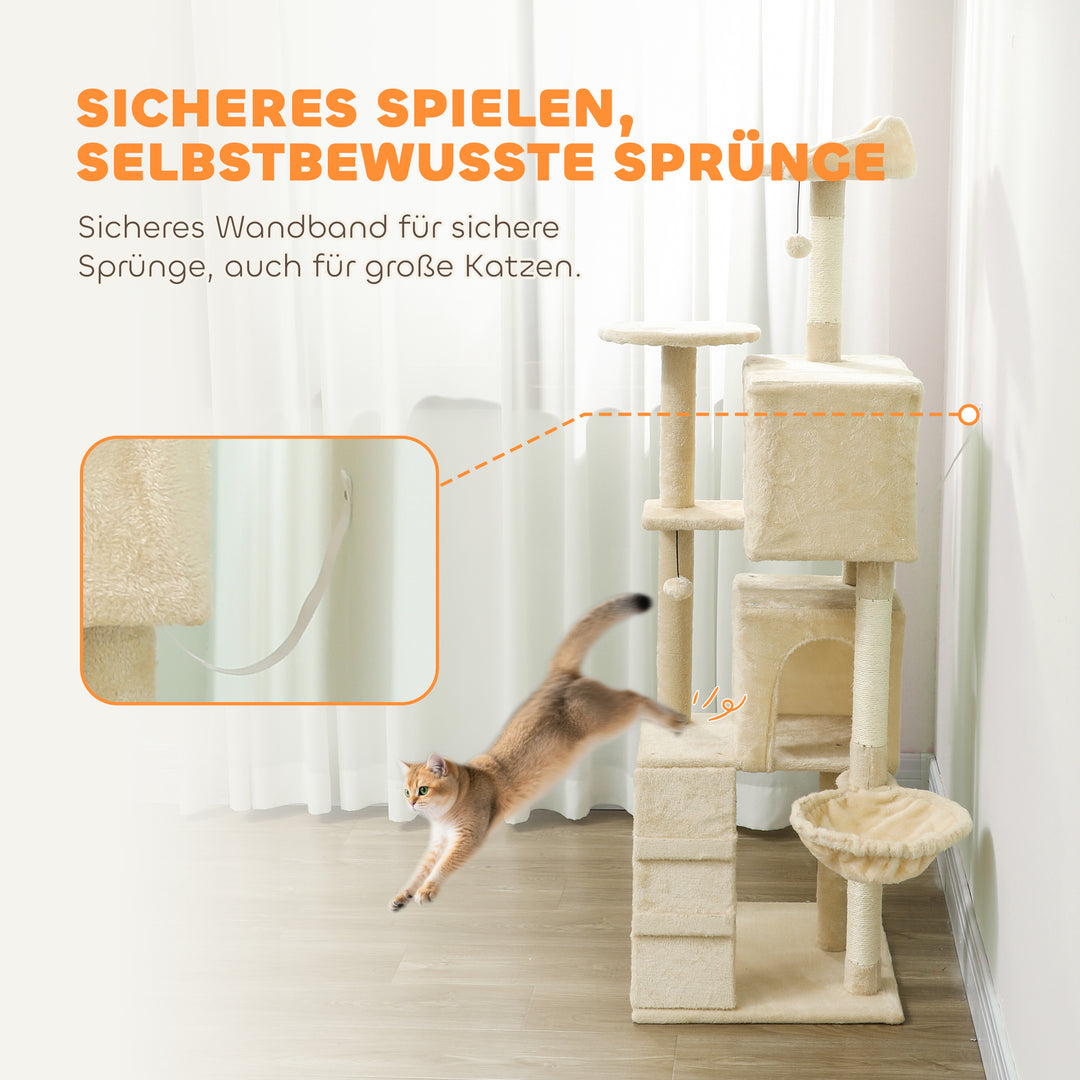 Kradsetræ 160 cm kattetårn med hængekøje, stige, hule, 2 plysbolde, sisalstolper, 48 x 48 x 160 cm, beige