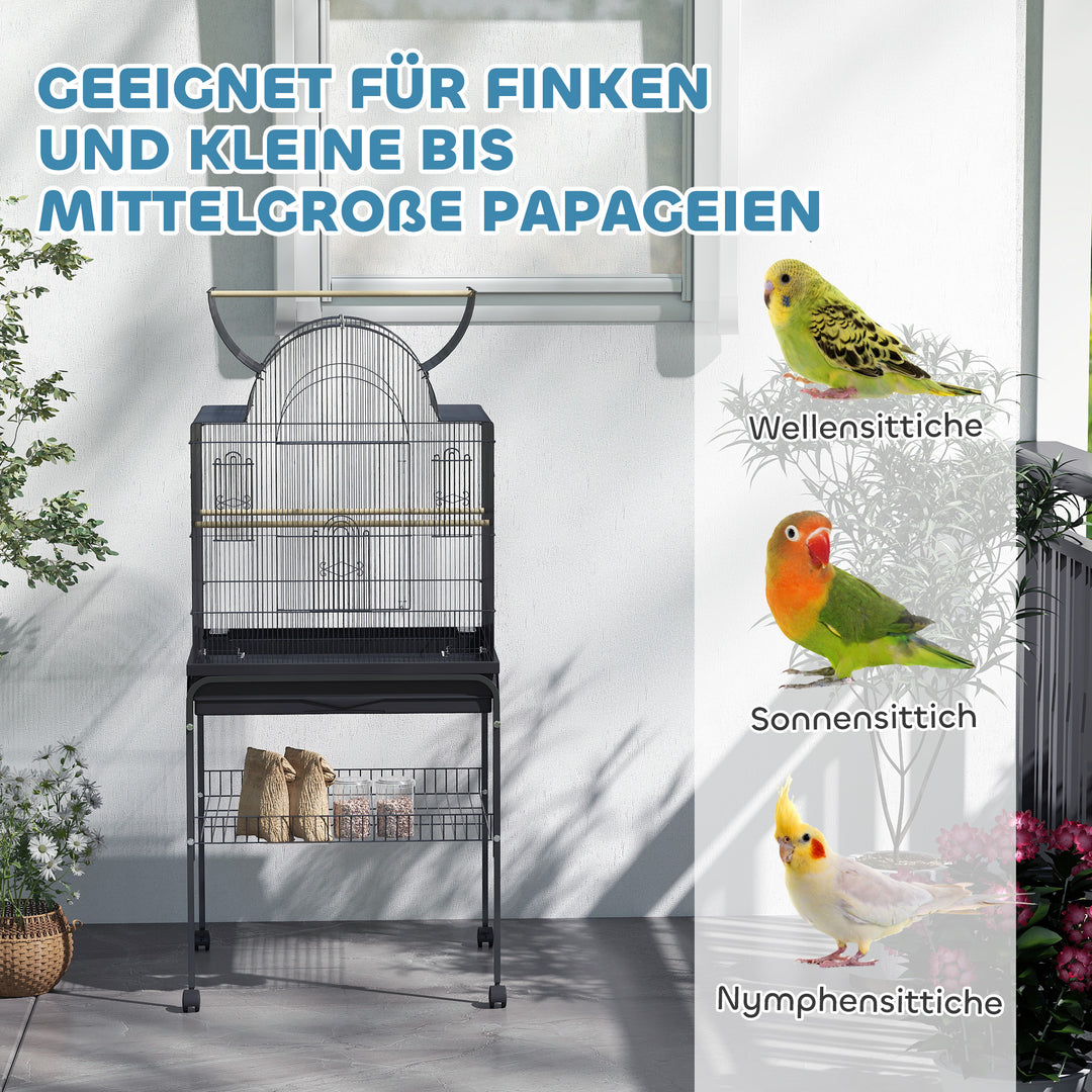 Fuglebur til kanariefugle og undulater, mobil, med bundrum, metalnet, sort