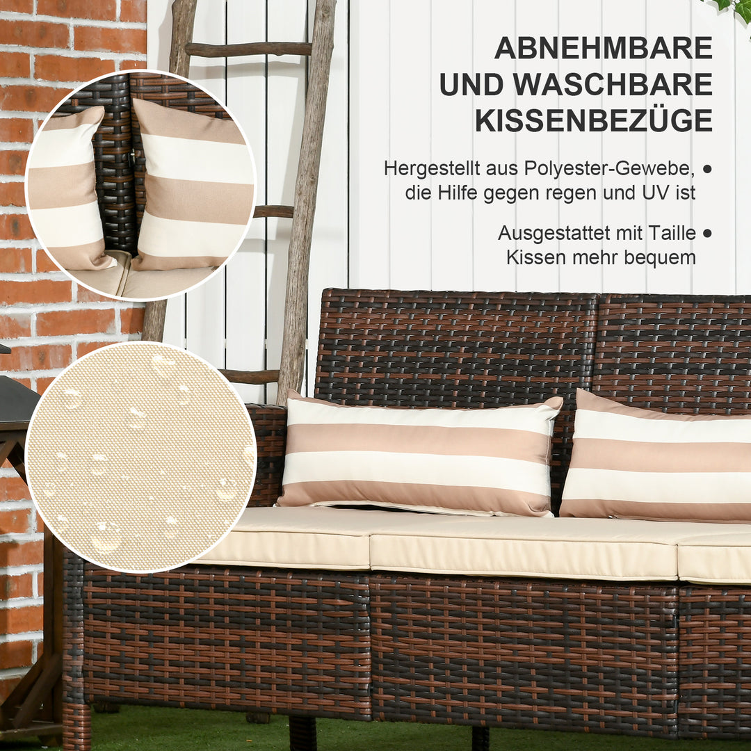 Rattan sofa med hynder, tre-personers, havelounge sofa, stål, brun, 173 x 68 x 78 cm