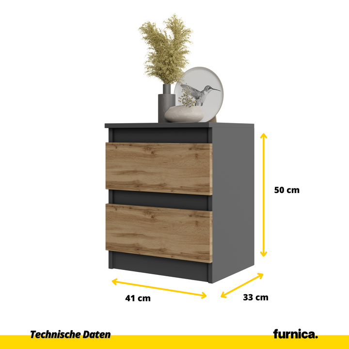 2 stk. GABRIEL BIG – natbord / sengebord med 2 skuffer – antracitgrå / Wotan eg – H50 cm B41 cm D33 cm