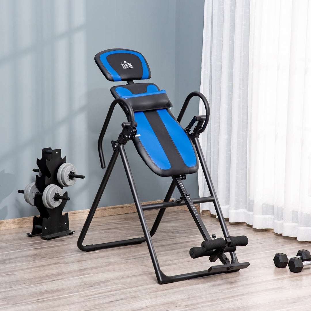 Inversion bench foldbar gravity trainer med to bevægelige hjul rygpude metal abs sort+blå 132 x 71 x 145 cm