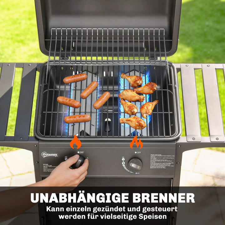 Gasgrill 5 KW 2 brændere BBQ grillvogn rustfrit stål inkl. sidebord, nederste kurv, frontlåg, termometer, emaljeret grillrist