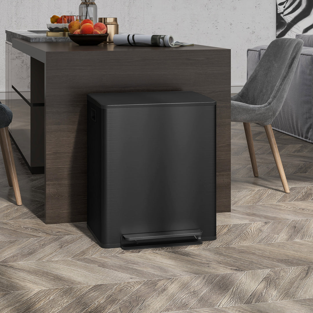 Skraldespand med 2x25l rum, soft-close låg, fingeraftrykssikker, rustfrit stål, sort