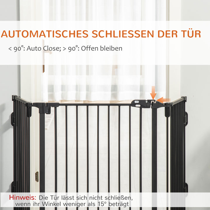 Hundebarrierer sikkerhedslåge kæledyrssikkerhedslåge justerbar foldbar pejsrist med automatisk lukning 3 paneler til komfur vægmonteret/fritstående sort 202,5 x 76 cm