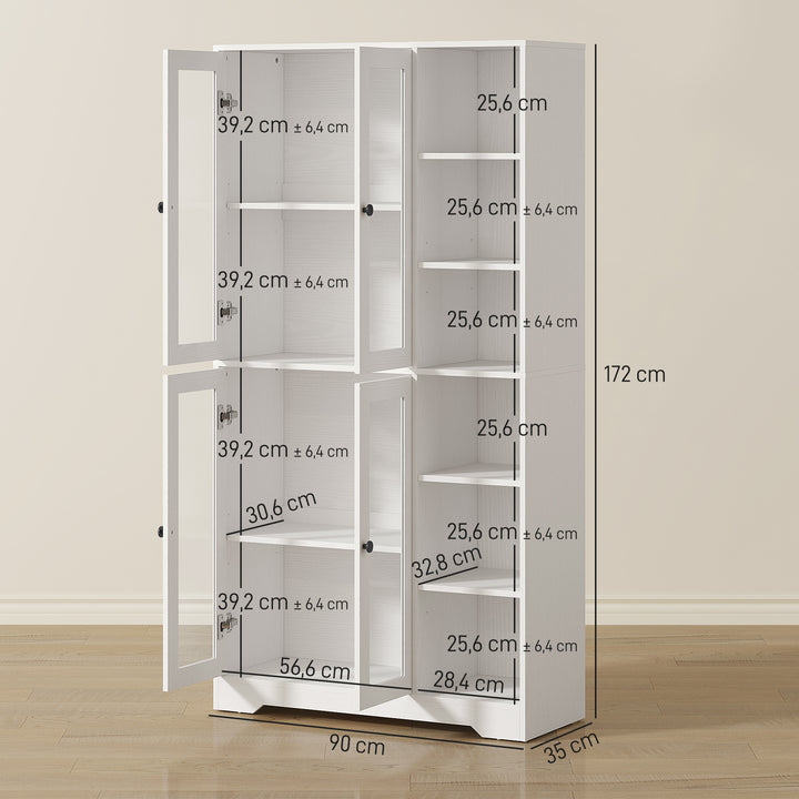 Køkkenskab med vitrinelåger, hylder, åben opbevaring, 172 cm høj, MDF, hvid