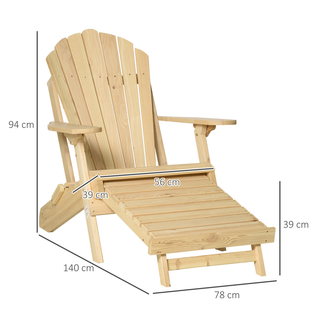 Adirondack stol, foldbar adirondack stol i træ. udendørs havestol med fodstøtte. høj ryg og armlæn. balkonstol. havestol til haven, altanen 78 x 140 x 94 cm. naturlig.
