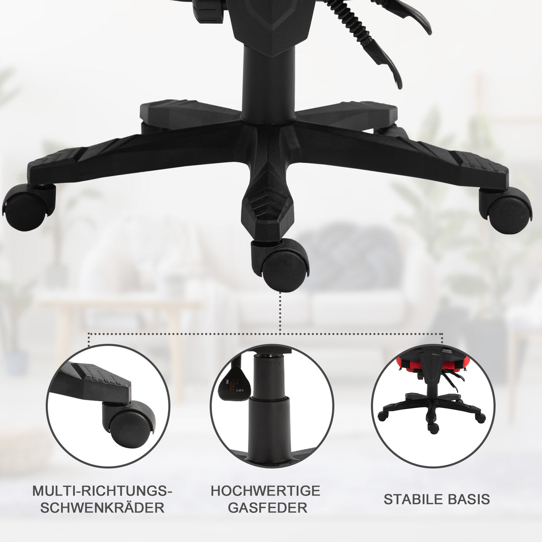Ergonomisk kontorstol, gamingstol, drejestol med fodstøtte, pc-stol, executive-stol, højdejusterbar, polyester, sort+rød, 58 x 63 x 112-122 cm