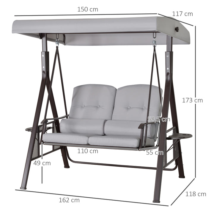 2-personers Hollywood gyngestol med solsejl, hynder, bakke, metal, polyester, grå, 162 x 118 x 173 cm