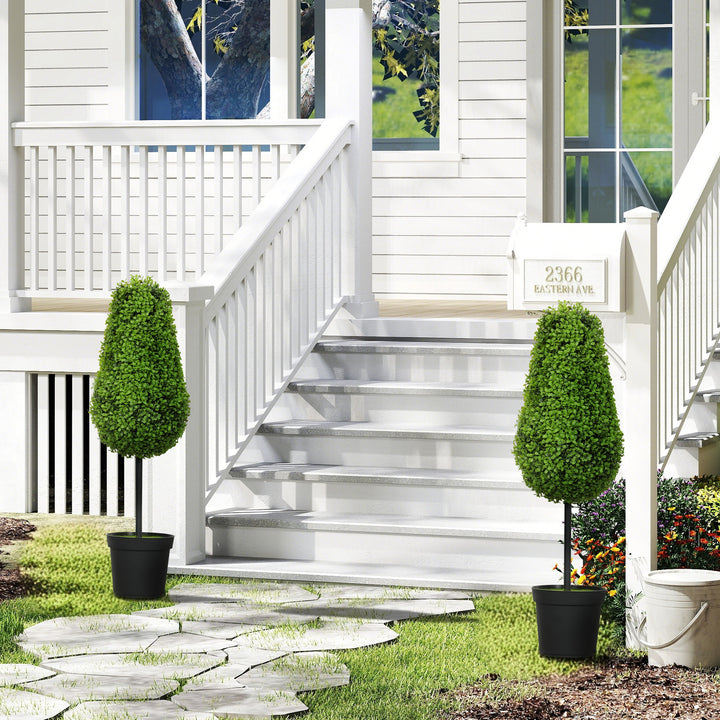 Sæt med 2 kunstige buksbomplanter 90 cm i dråbeform, kunstige plastikplanter i potte, moderne dekoration
