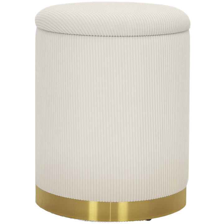 Skammel med opbevaringsplads, foldbar skammel med låg, stålbund, rund fodskammel 36 x 36 x 44 cm, cremehvid