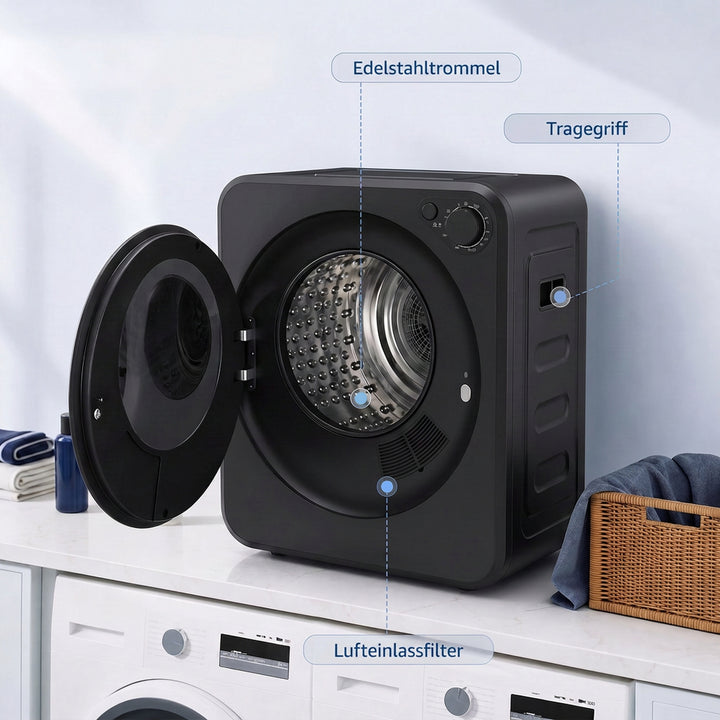 Mini tørretumbler, 4 kg kapacitet, 5 programmer, 800W/400W, fritstående, sort