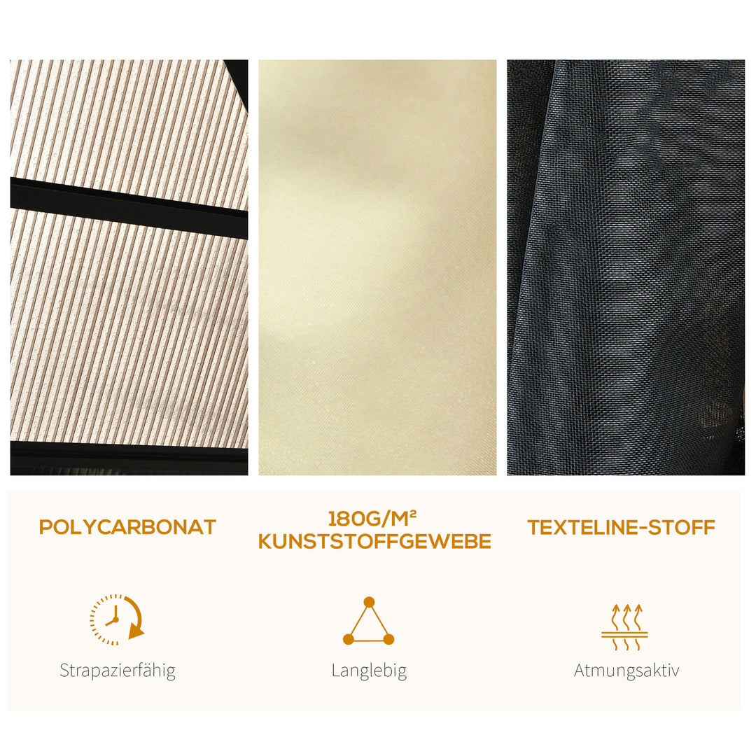 Havepavillon med hårdt tag 4,2 x 3,6 m, gardiner med fluenet, aluminiumsramme, brun+creme