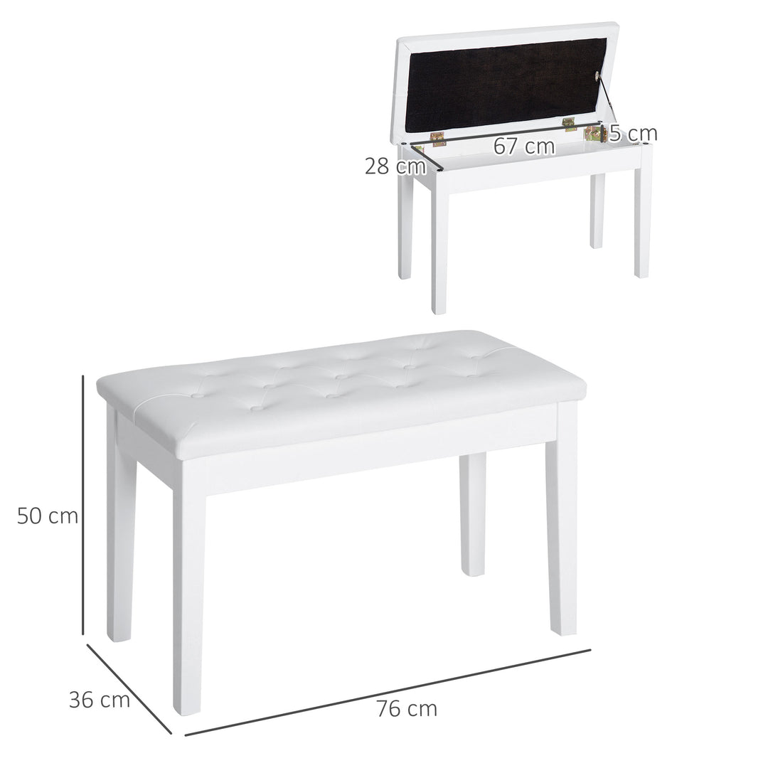 Klaverstol, klaverbænk med skjult opbevaring, klaverstol med kunstlæderhynde, klaverbænk, massivt træ keyboardbænk til klaver, keyboard, 76 x 36 x 50 cm, hvid