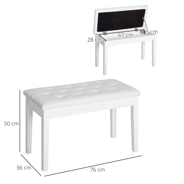 Klaverstol, klaverbænk med skjult opbevaring, klaverstol med kunstlæderhynde, klaverbænk, massivt træ keyboardbænk til klaver, keyboard, 76 x 36 x 50 cm, hvid
