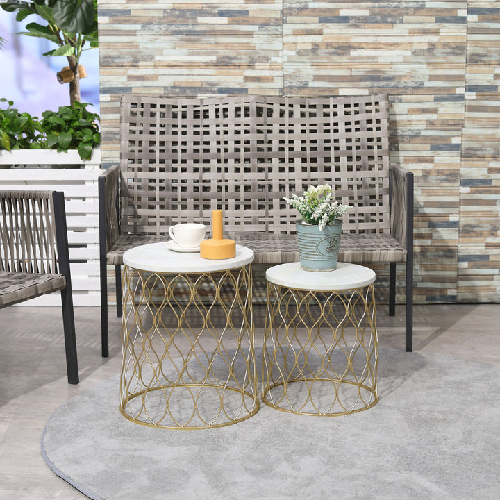 Sæt med 2 haveborde, sideborde, sofaborde, retro trådkurv, metalkurv, haveindskudsbord, havemøbler, udendørs, balkon, stål, guld + hvid, 41 x 46 cm