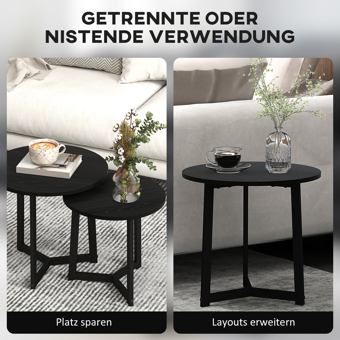 Moderne sofabordsæt med 2, metalstel, MDF, rundt design, stabelbart, sort