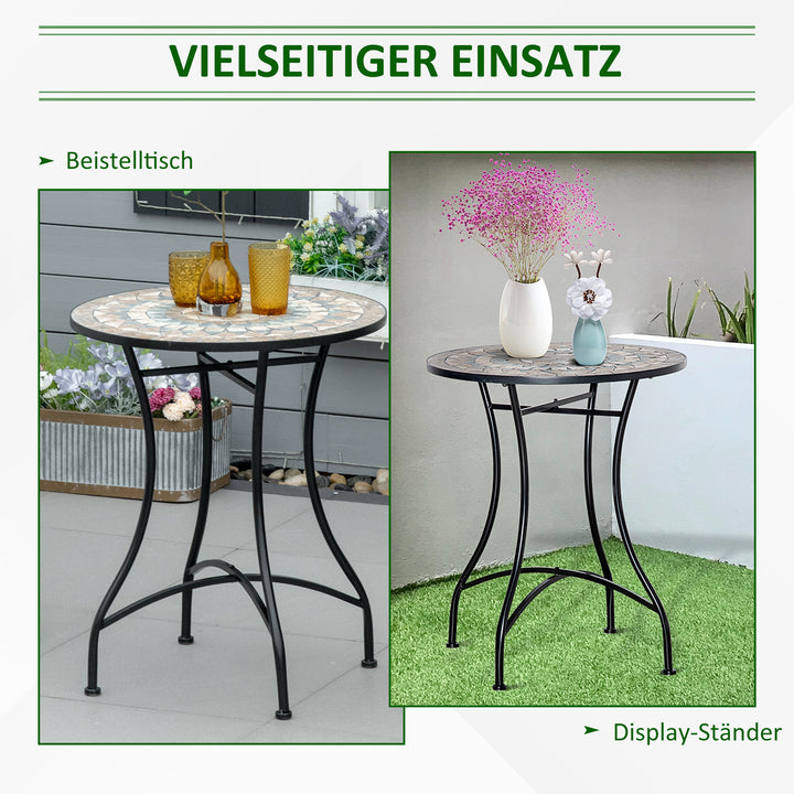Havebord, mosaikbord, rundt bistrobord, sidebord med mosaikplade, keramik, metal, grøn+beige+hvid, Ø60 cm