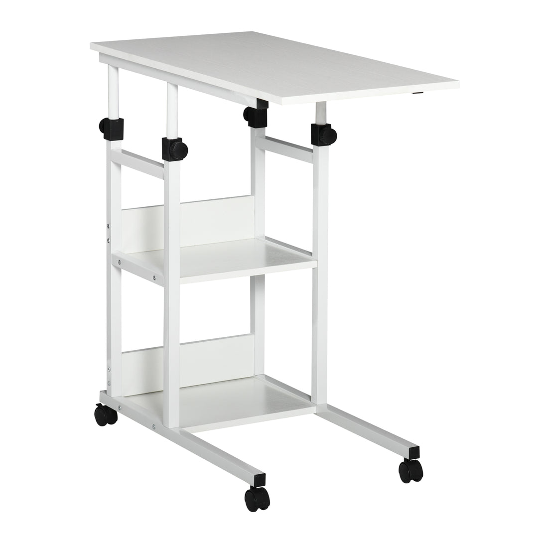 Sidebord med hjul, højdejusterbart, kompakt, 2 hylder, metalstel, 80x40x72-82 cm, hvid