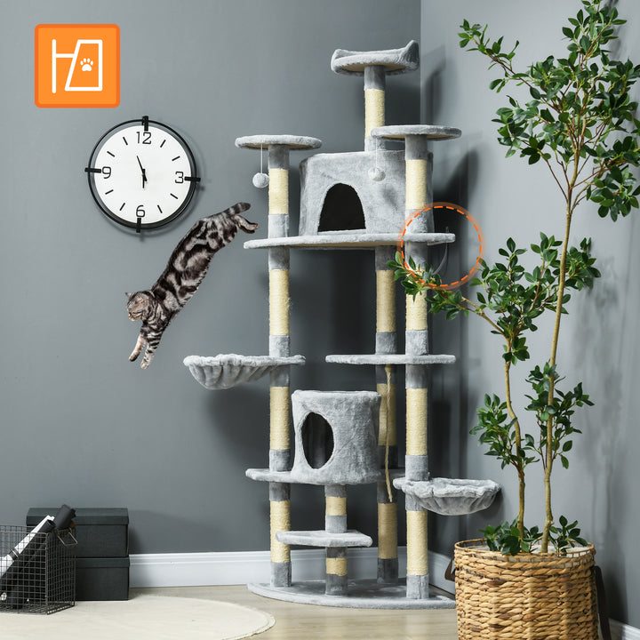 Kradsetræ med 2 hængekøjer og 2 kattehuler inklusive plys sisal reb legetøj lysegrå