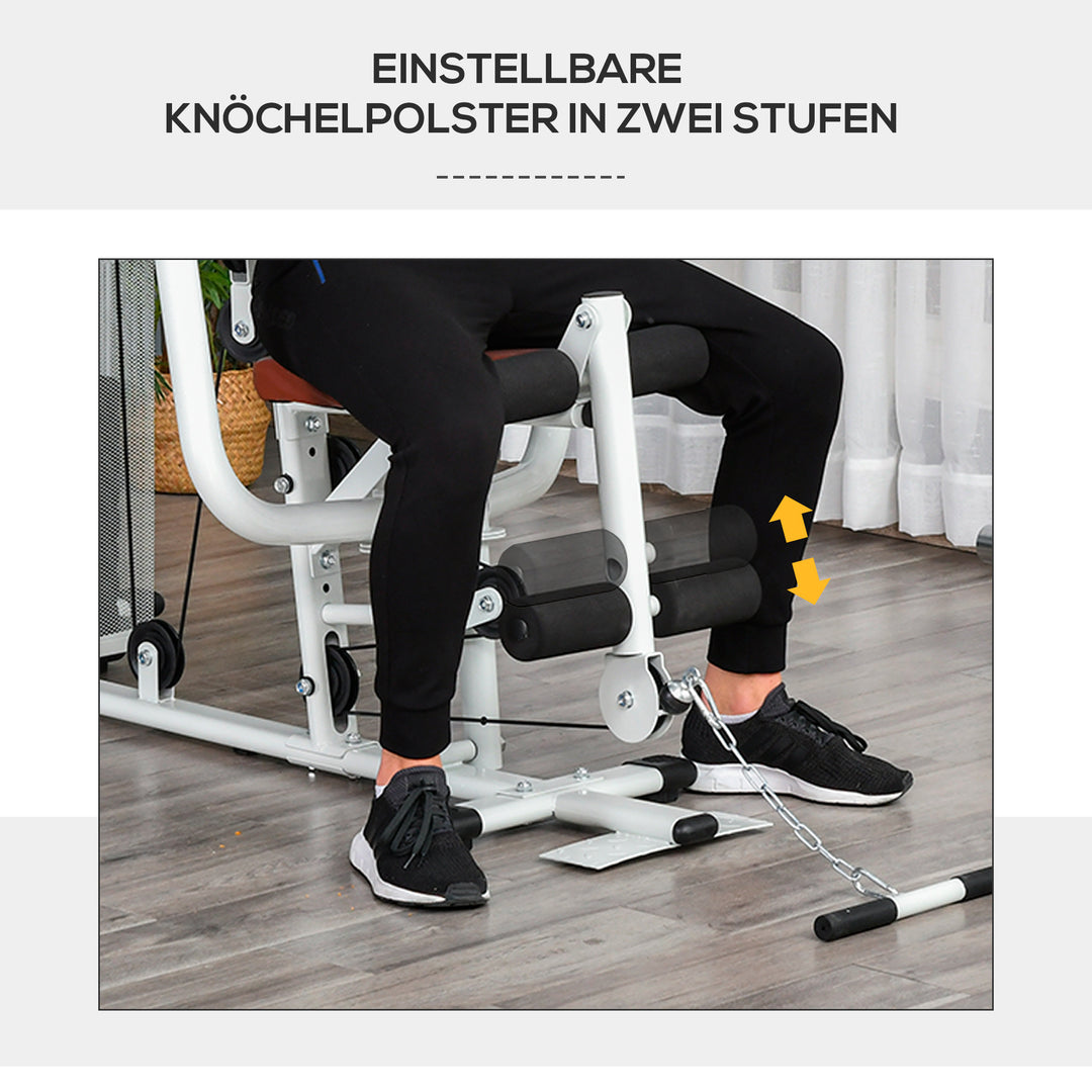 Fitnesscenter, multigym, fitnesscenter, fitnessudstyr inklusive vægte, lat pulldown, benbøjning, metal, PU-læder, hvid, 150 x 110 x 210 cm