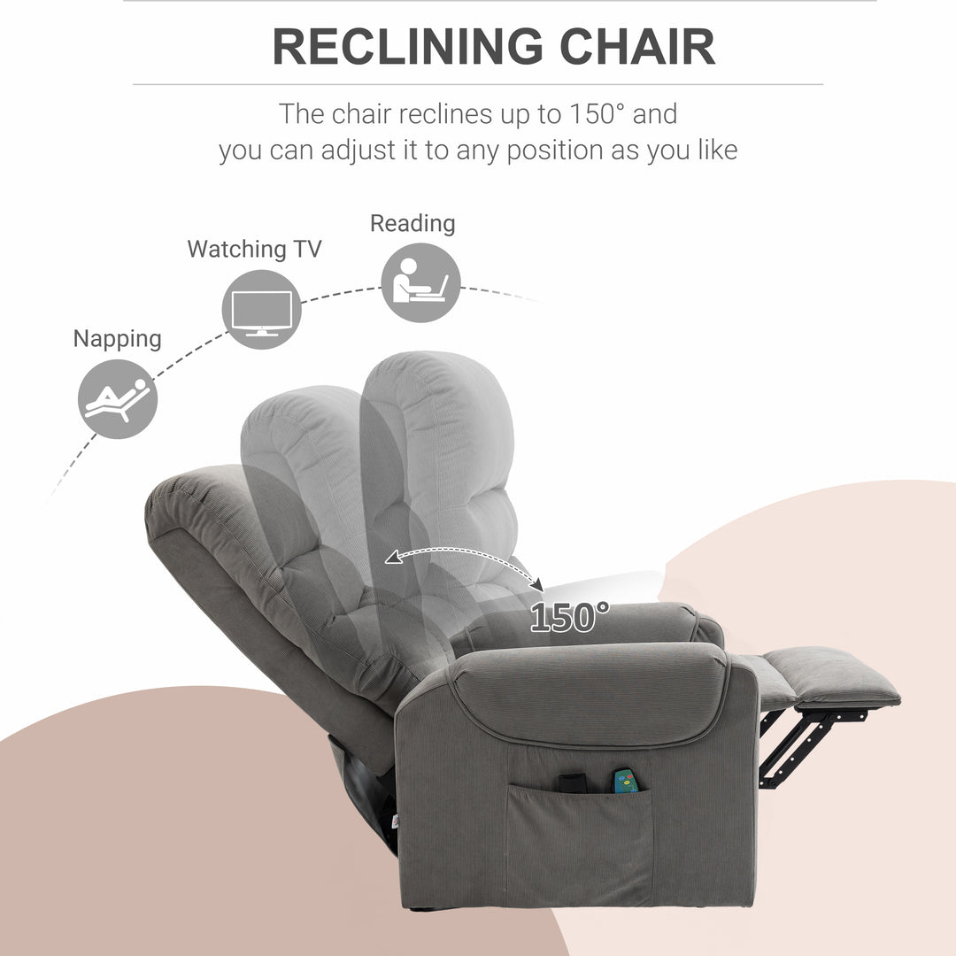 Tv-stol med elektrisk hæve-sænke, massagestol med lænefunktion og varmefunktion, afslapningsstol med fjernbetjening og sidelomme, justerbart polyesterstof, mørkegrå