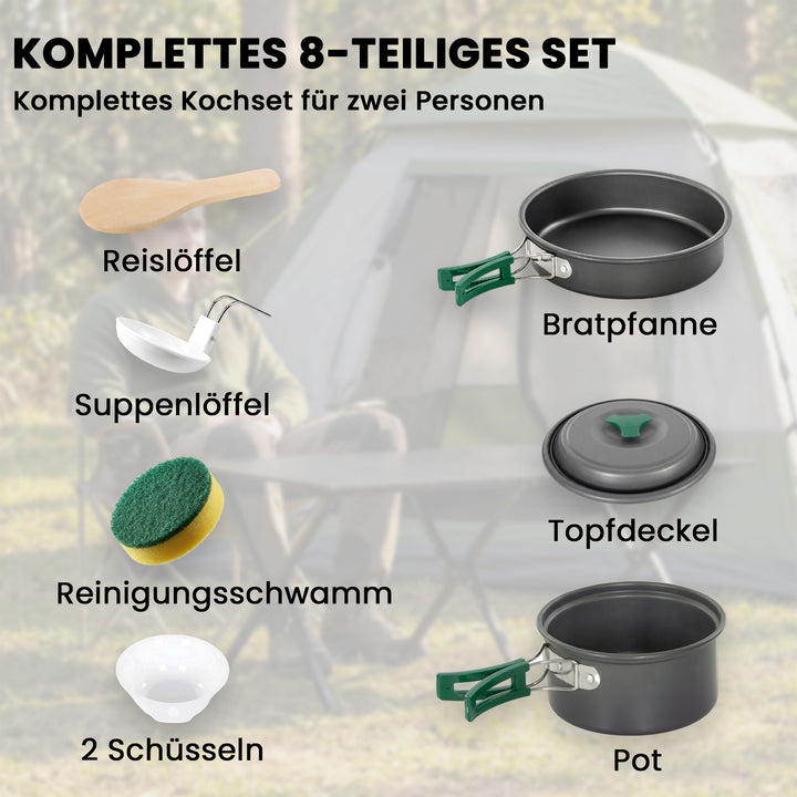 Campingkøkkensæt, 8-delt udendørs køkkensæt med skoldningssikre håndtag, hurtigopvarmende gryde og pande, grå