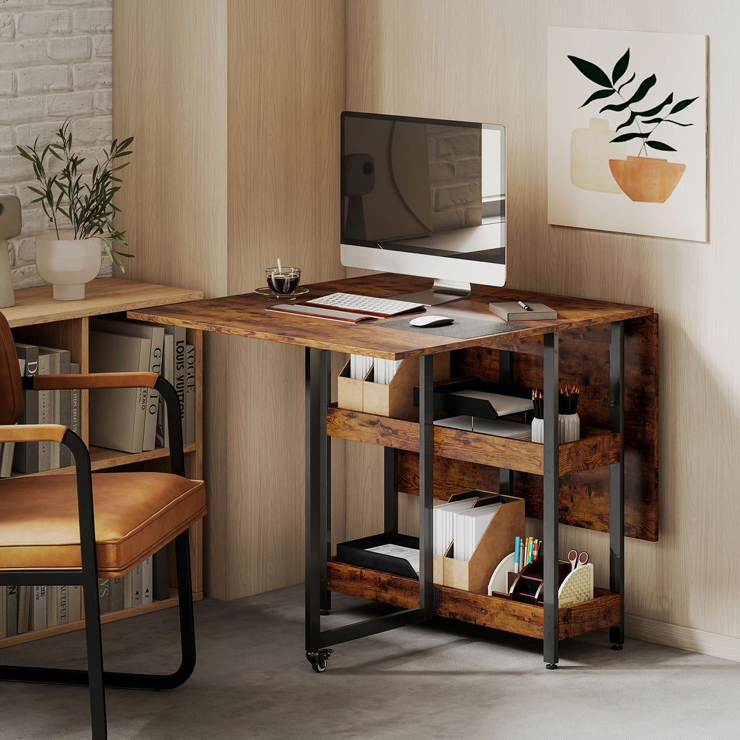 Klapbart spisebord i industrielt design, til op til 4 personer, åbne hylder, fleksibelt, metal, spånplade, brun