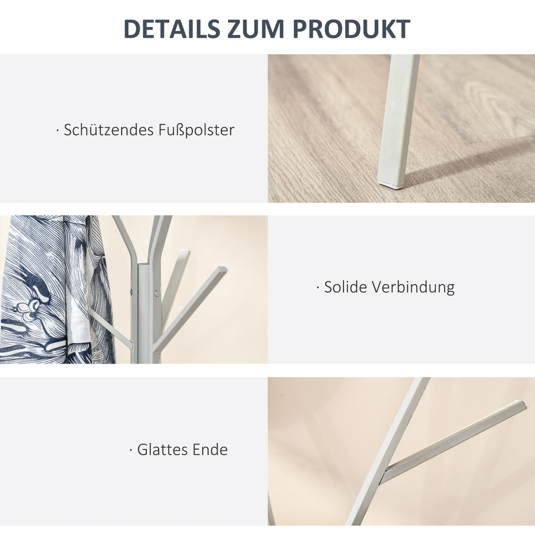 Knagerække, tøjstativ med 8 kroge, knagerække med hylde, stående knagerække til tøj, hatte, tasker, metal, hvid, 45 x 45 x 180 cm