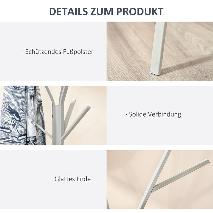 Knagerække, tøjstativ med 8 kroge, knagerække med hylde, stående knagerække til tøj, hatte, tasker, metal, hvid, 45 x 45 x 180 cm