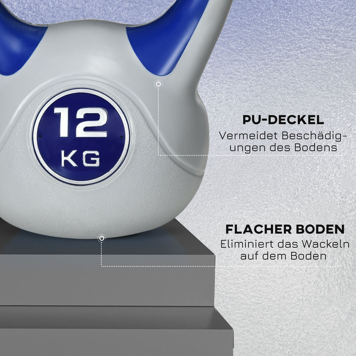 Kettlebell, 12 kg, flad bund, stort håndtag, plastbelægning, blå, 24 x 17 x 28 cm