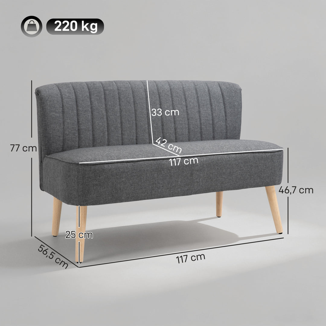 2-personers sofa, polstret sofa med linnedlook, træstel, til stue/soveværelse, 117 cm, grå