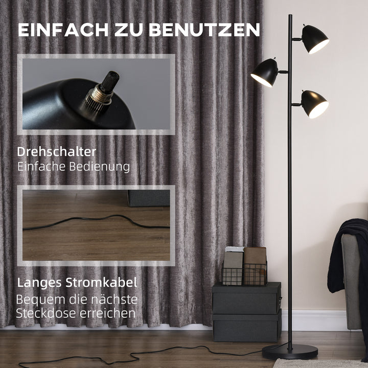 Gulvlampe, 3 justerbare skærme, metal, sort