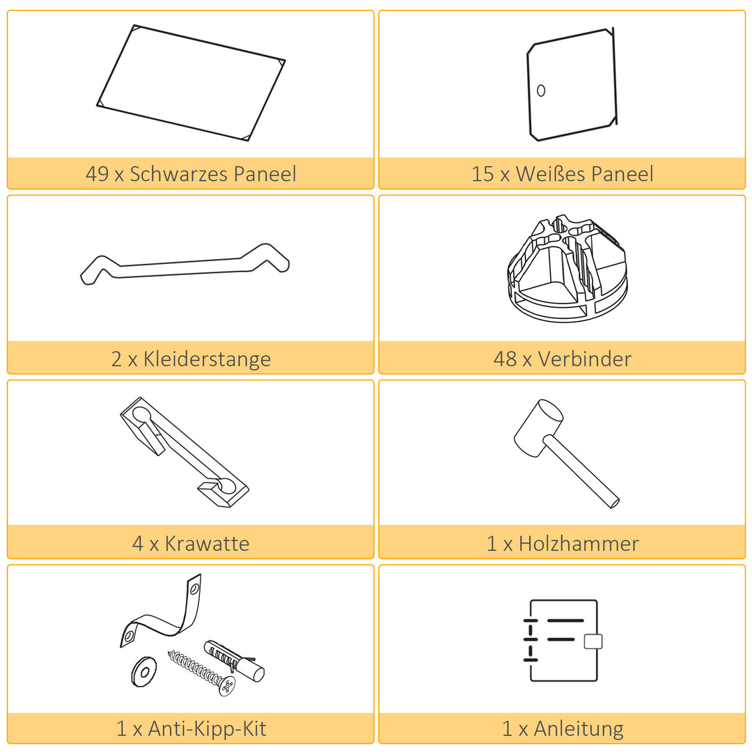 Kubegarderobe, 2 store og 9 små kuber, plastik, metal, 111l x 47b x 183h cm, sort+hvid