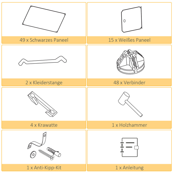 Kubegarderobe, 2 store og 9 små kuber, plastik, metal, 111l x 47b x 183h cm, sort+hvid
