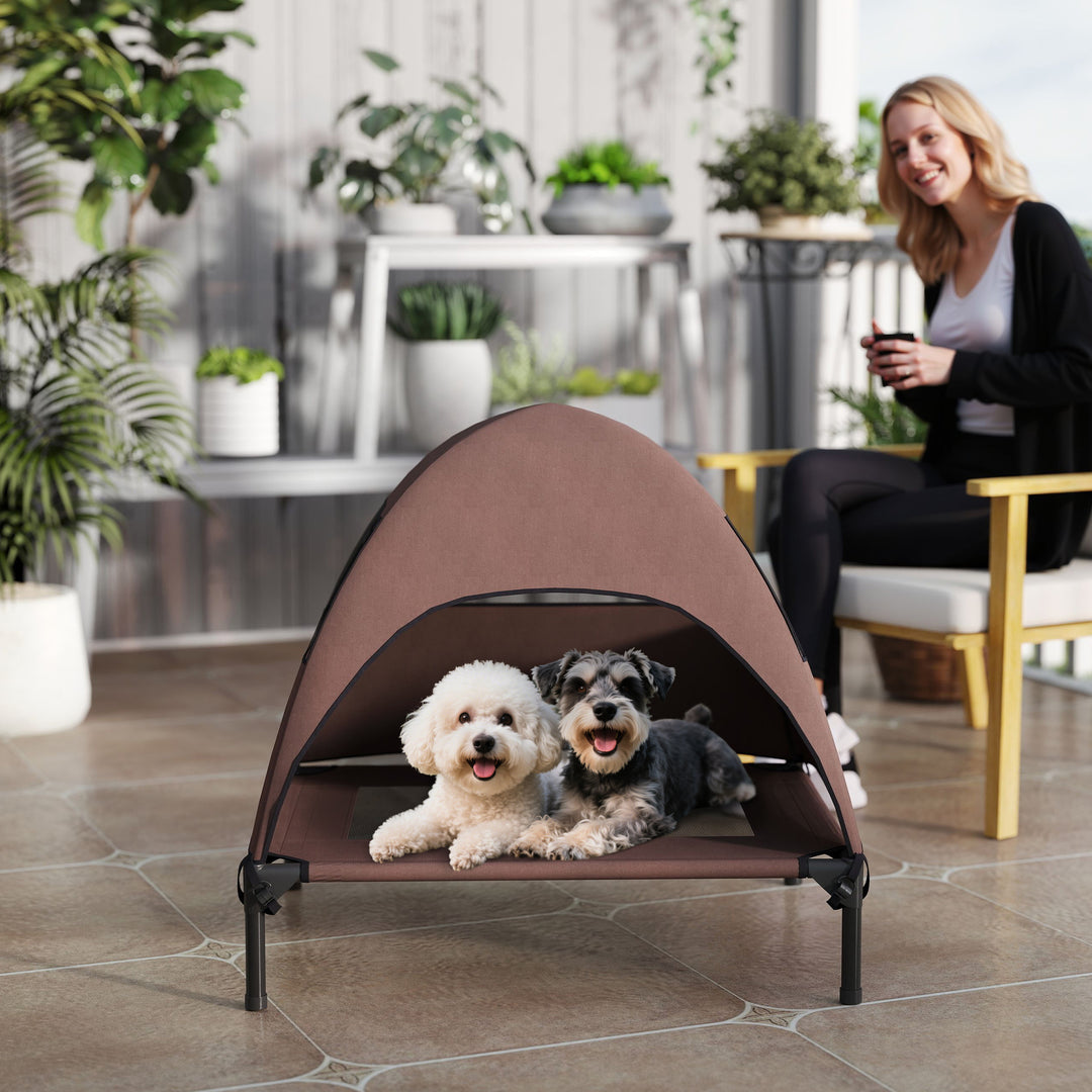 Udendørs hundeseng med tag, hævet hundeseng til mellemstore hunde, 76 x 61 x 71 cm, kaffe
