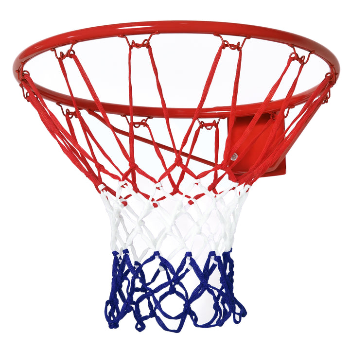 Basketballkurv, indendørs og udendørs med 46 cm kurv og net, vægmonteret, basketballbræt til unge voksne, rød + blå + hvid