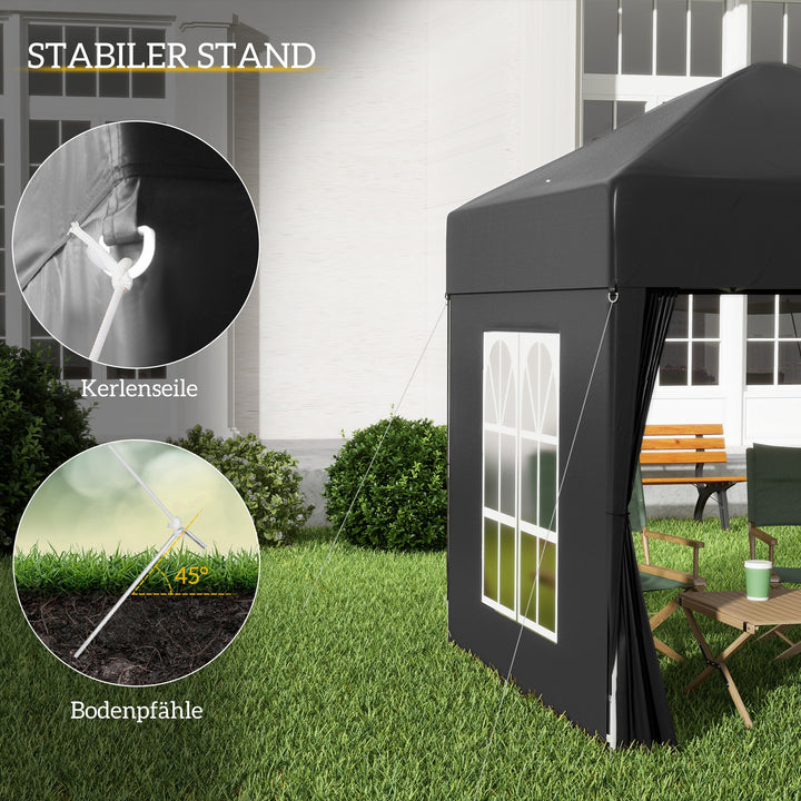 Foldbart pavillon, øltelt, 4 aftagelige sidepaneler, 2 vinduer, metalramme, 2 x 2m, sort