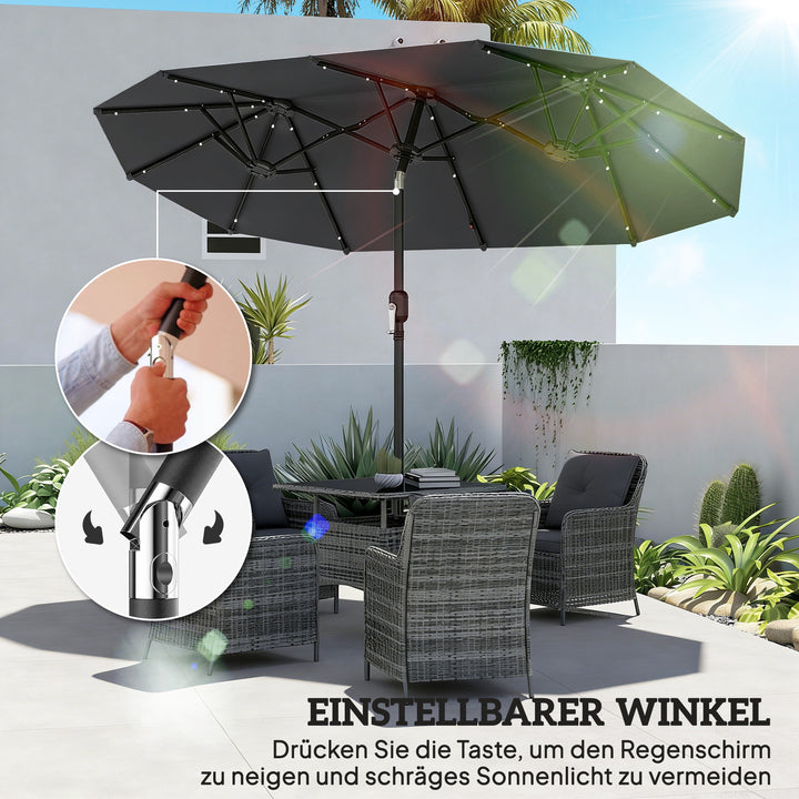 Dobbelt parasol, terrasseparasol, vipbar, med solpanel, 35 LED'er, stålramme, grå, 2,92 x 1,50 x 2,18 m