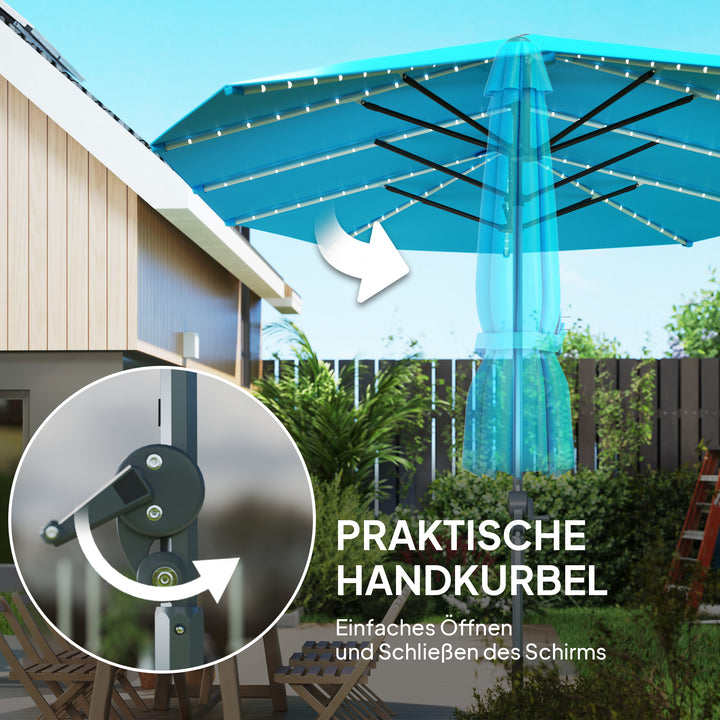 Dobbeltparasol med solcellelamper, aluminium, polyester, upf 50+ beskyttelse, uv-resistent, terrasseparasol, blå