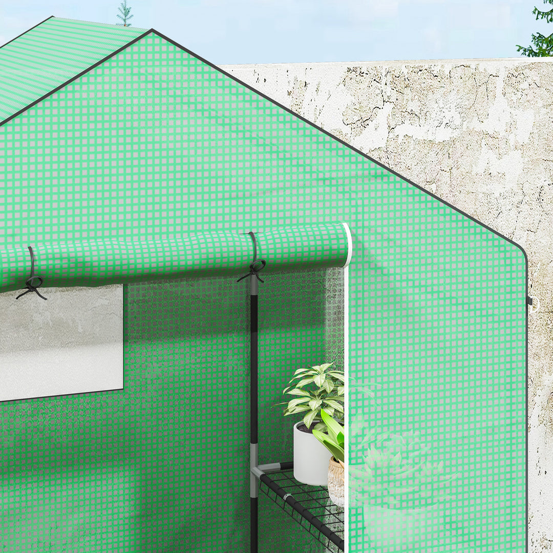 Drivhus med hylder, minidrivhus, uv-bestandigt, netvindue, lynlåsdør, 143l x 74b x 190h cm, grøn