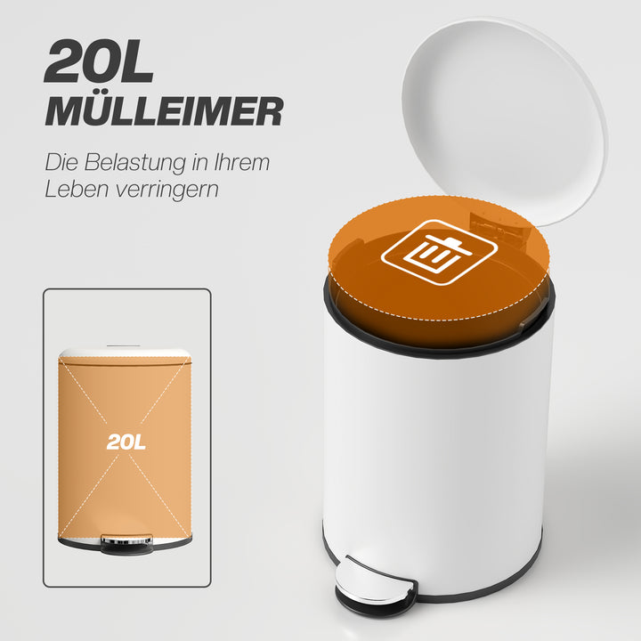 20L skraldespand med pedal, indvendig spand, fingeraftrykssikker, lydløs lukning, cremehvid