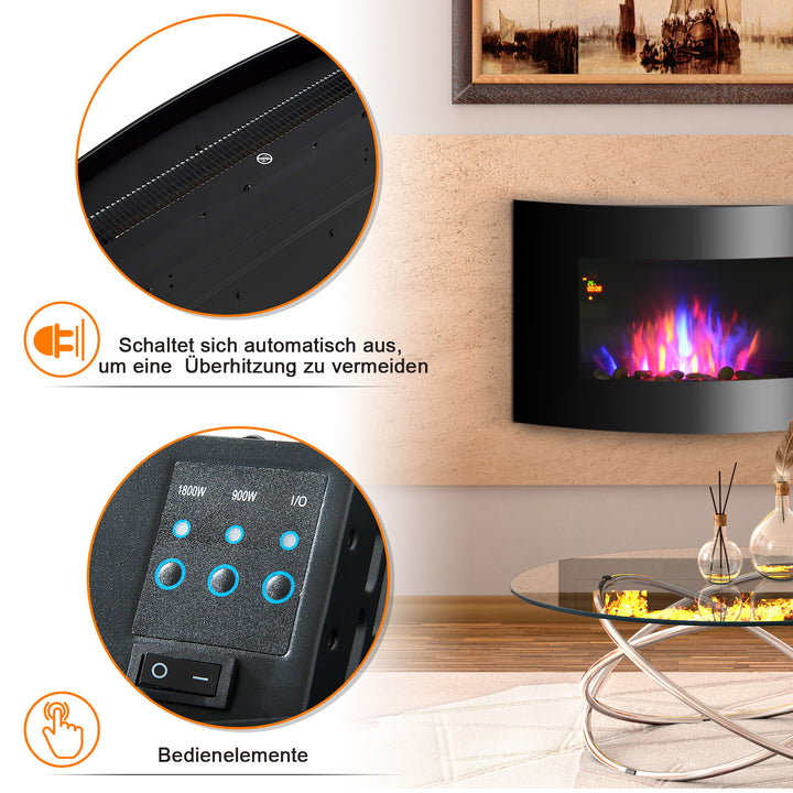 Elektrisk pejs med varmelegeme, elektrisk pejs med 3d flammeeffekt, 7 flammefarver, 900/1800 w, vægmonteret pejs med timer, dekorativ pejs med fjernbetjening, sort, 65 cm