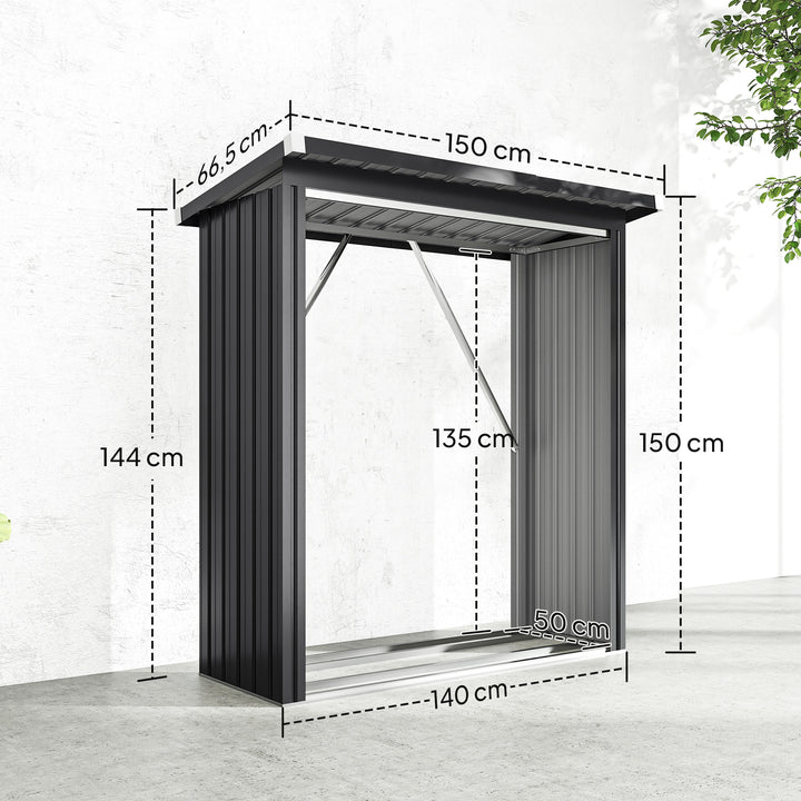 Brændeskur, brændeskur, stål, hævet gulv, skrånende tag, 150 x 66,5 x 150 cm, mørkegrå