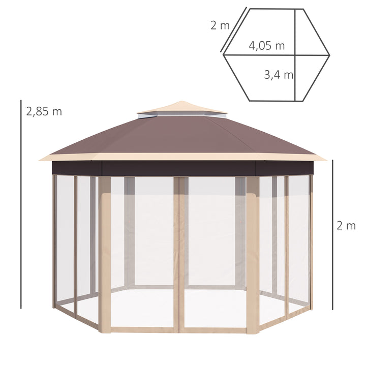 Havepavillon, foldbar pavillon, 4 x 4 m pop-up telt, partytelt inklusive bæretaske, 6 sidepaneler, dobbelt tag, sekskantet, khaki