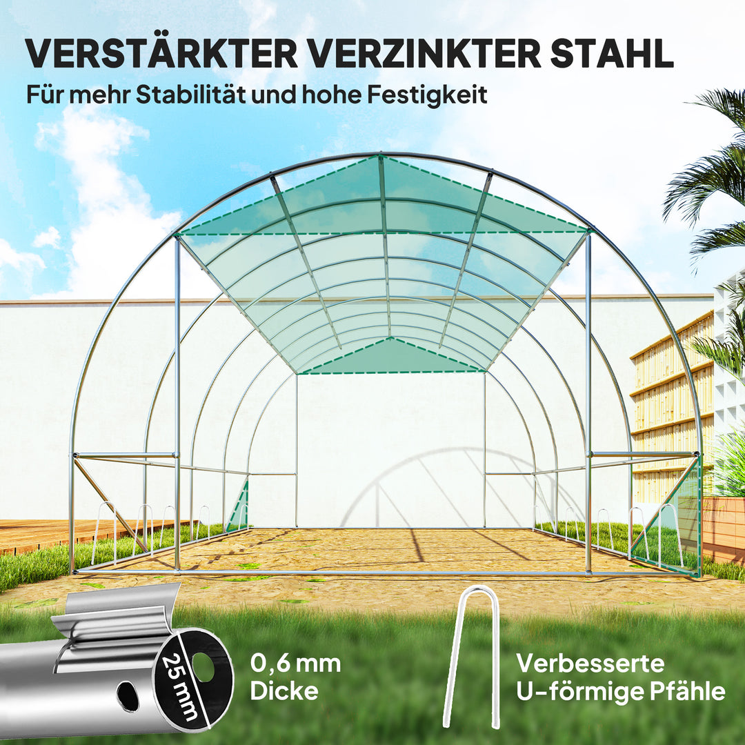 Polytunnel drivhus med plastikdæksel og stålramme, walk-in drivhustelt med rulledøre, grøn