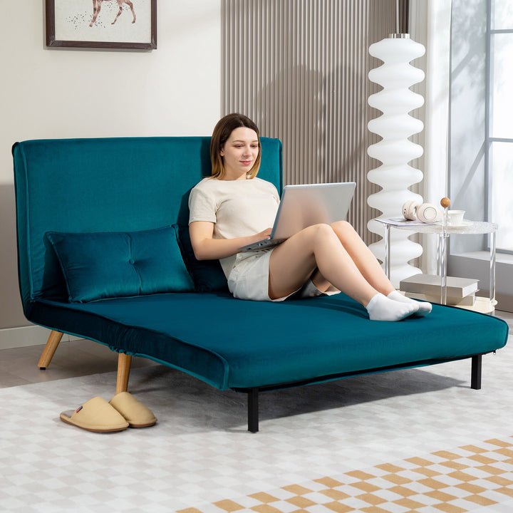 2-personers sovesofa, kan laves om til seng, justerbar ryglæn, stofbetræk, metalstel, grøn