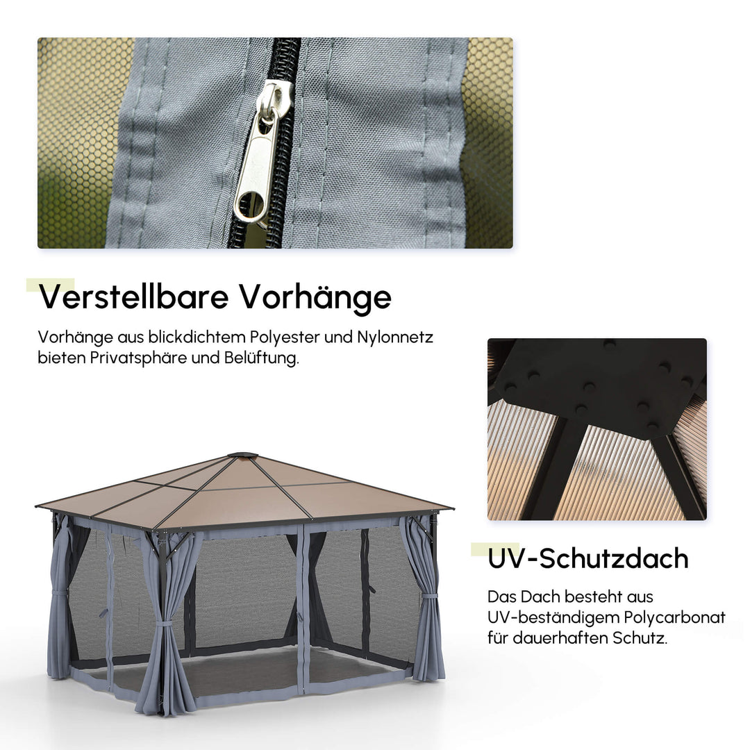 Solrig pavillon med polycarbonattag, gardiner med fluenet, aluminiumsramme, mørkegrå, 3 x 4 x 2,6 m